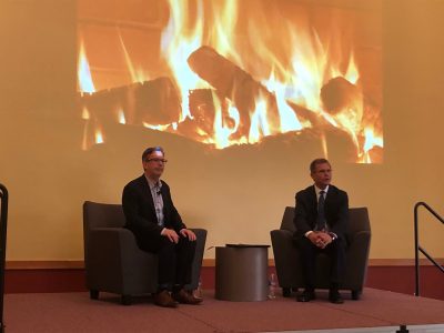 Michael Beckley (left) was the featured guest at the Wells Fargo Distinguished Speakers Series “fireside chat” last fall with Pamplin Dean Robert Sumichrast.