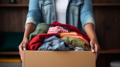 A person wearing a jean jacket and white t-shirt, with her face out of frame, holds a cardboard box full of clothes.